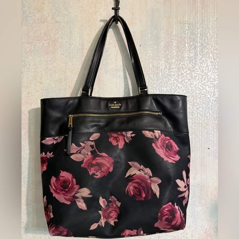 Kate Spade Black and Pink Rose Nylon And Leather Floral Tote. Previously Loved